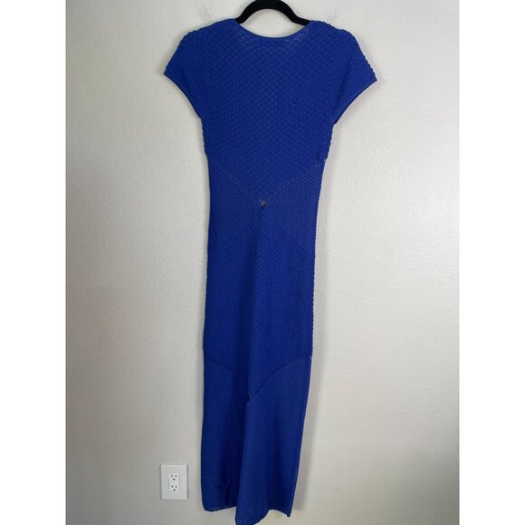 Zara Womens Small Blue Sheer Pointelle Knit Chain Midi Dress Short Sleeve - Picture 8 of 9